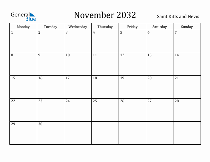November 2032 Calendar Saint Kitts and Nevis