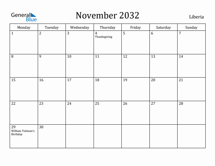 November 2032 Calendar Liberia