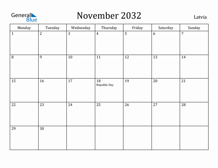 November 2032 Calendar Latvia