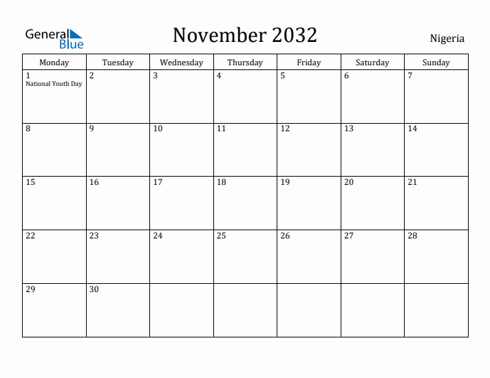 November 2032 Calendar Nigeria