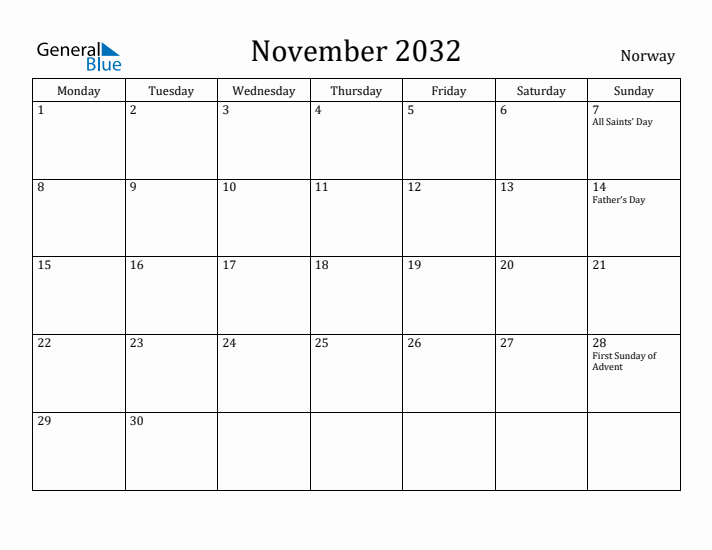 November 2032 Calendar Norway