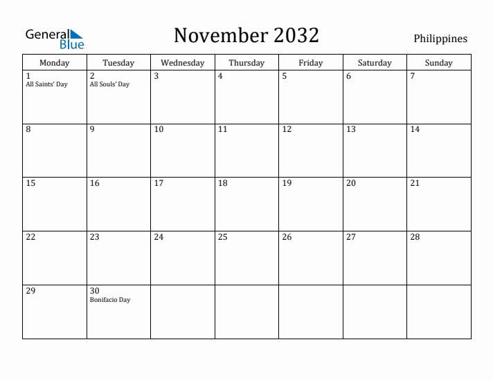 November 2032 Calendar Philippines