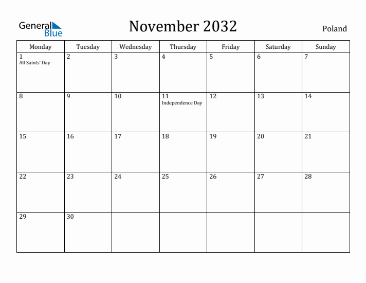 November 2032 Calendar Poland