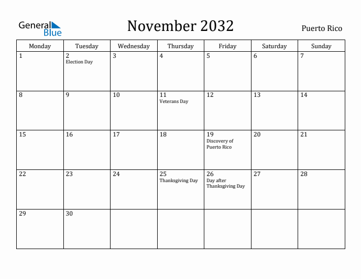 November 2032 Calendar Puerto Rico