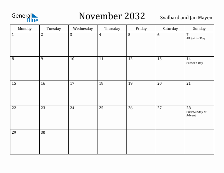 November 2032 Calendar Svalbard and Jan Mayen