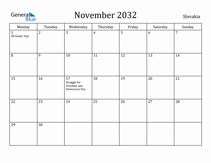 November 2032 Calendar Slovakia
