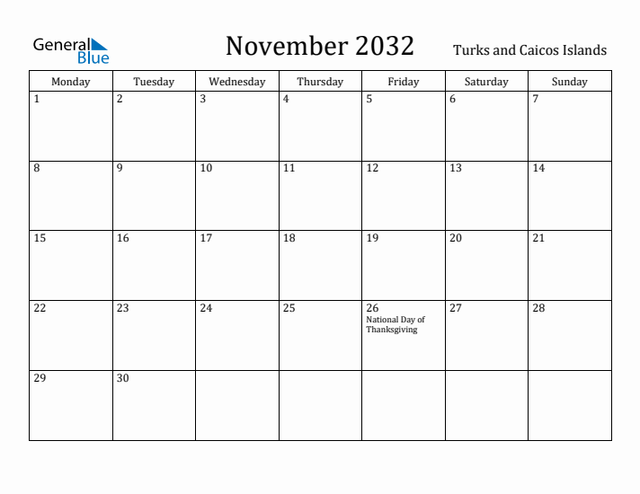 November 2032 Calendar Turks and Caicos Islands