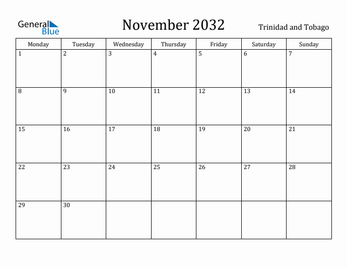 November 2032 Calendar Trinidad and Tobago