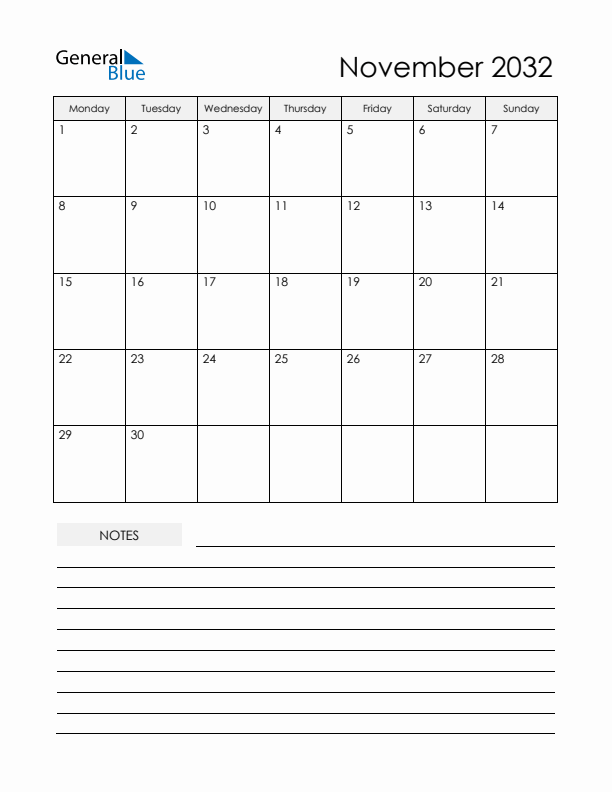 Printable Calendar with Notes - November 2032 