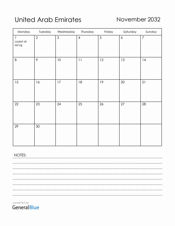 November 2032 United Arab Emirates Calendar with Holidays (Monday Start)