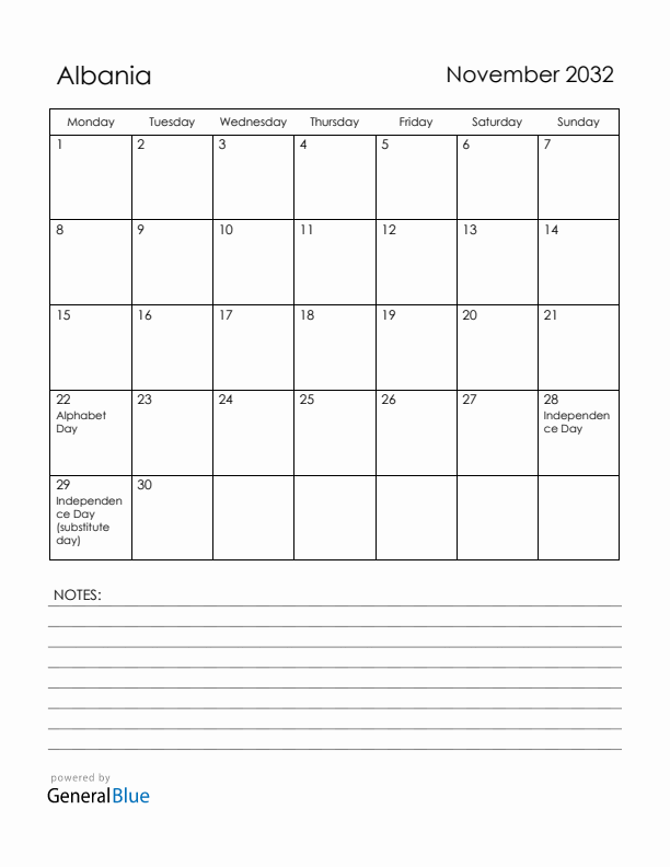 November 2032 Albania Calendar with Holidays (Monday Start)