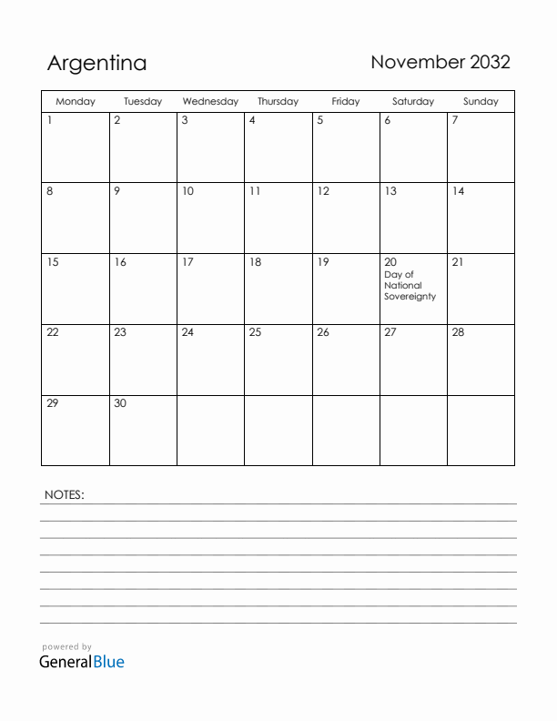 November 2032 Argentina Calendar with Holidays (Monday Start)