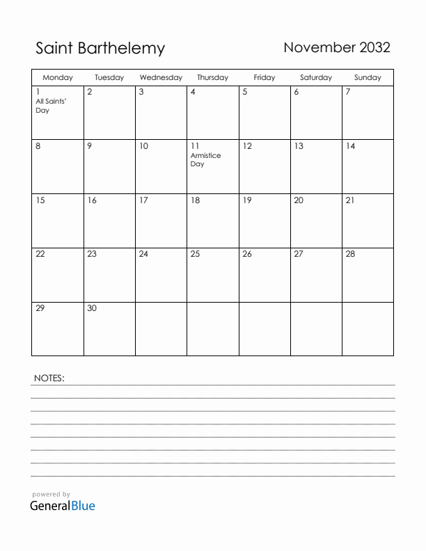 November 2032 Saint Barthelemy Calendar with Holidays (Monday Start)