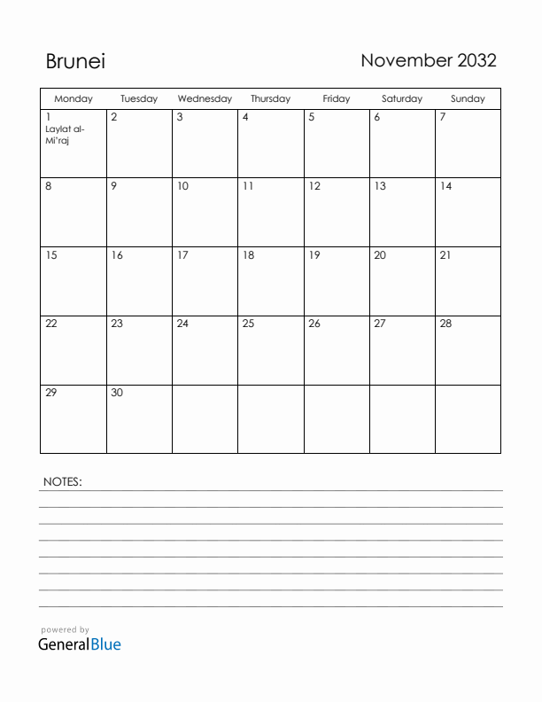 November 2032 Brunei Calendar with Holidays (Monday Start)