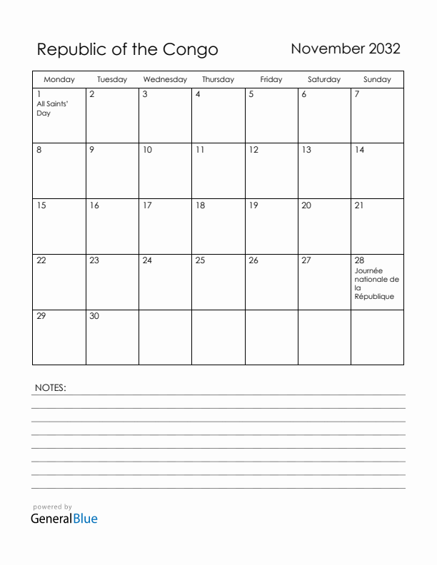 November 2032 Republic of the Congo Calendar with Holidays (Monday Start)