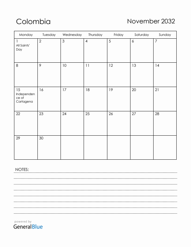 November 2032 Colombia Calendar with Holidays (Monday Start)