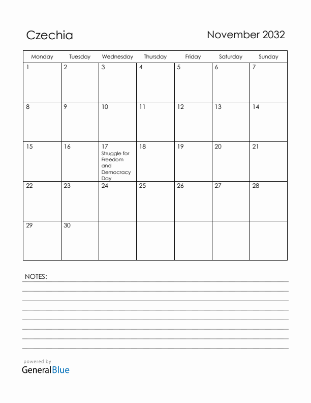 November 2032 Czechia Calendar with Holidays (Monday Start)