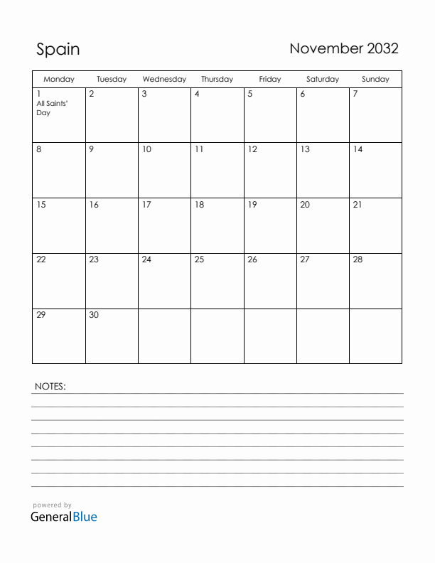 November 2032 Spain Calendar with Holidays (Monday Start)