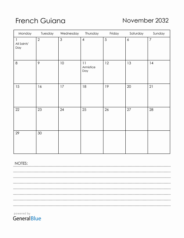 November 2032 French Guiana Calendar with Holidays (Monday Start)