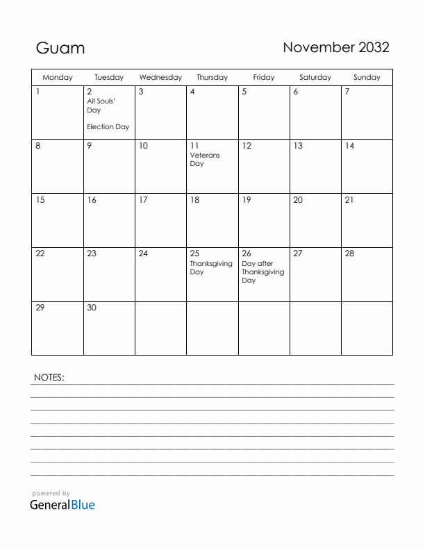 November 2032 Guam Calendar with Holidays (Monday Start)