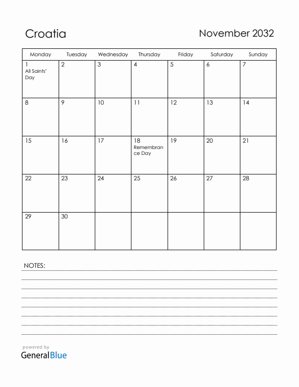 November 2032 Croatia Calendar with Holidays (Monday Start)