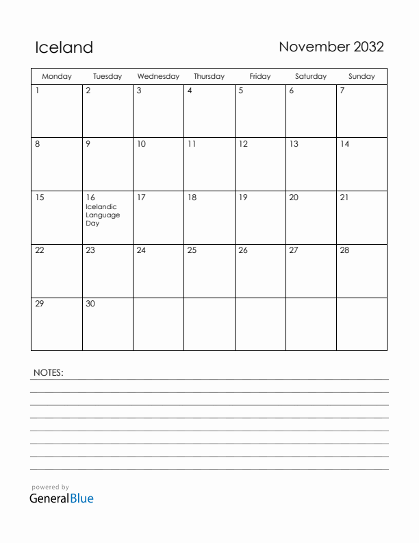 November 2032 Iceland Calendar with Holidays (Monday Start)