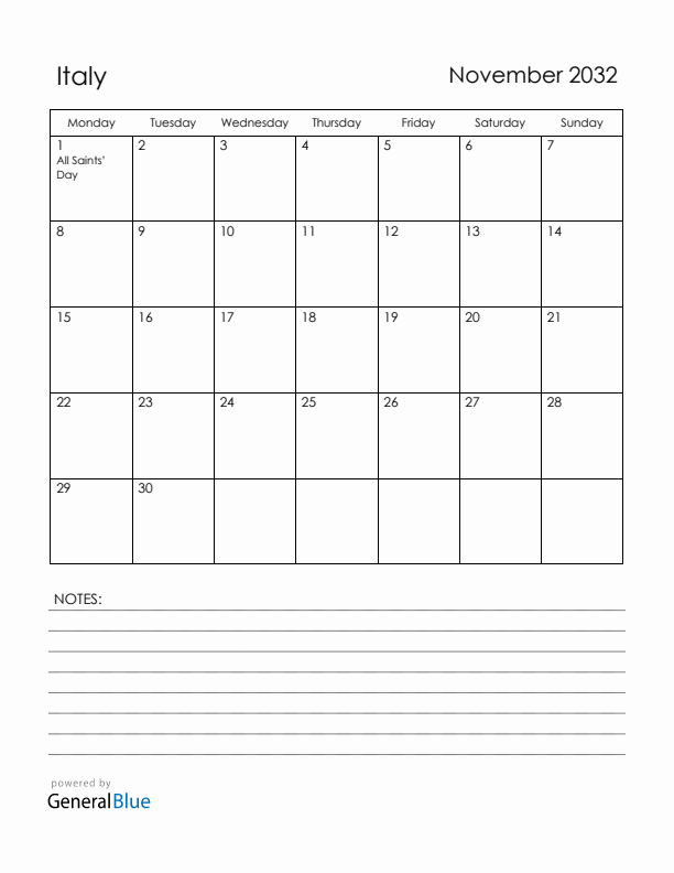 November 2032 Italy Calendar with Holidays (Monday Start)