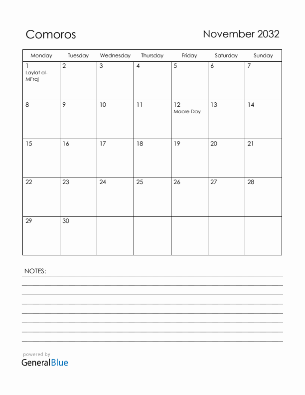 November 2032 Comoros Calendar with Holidays (Monday Start)