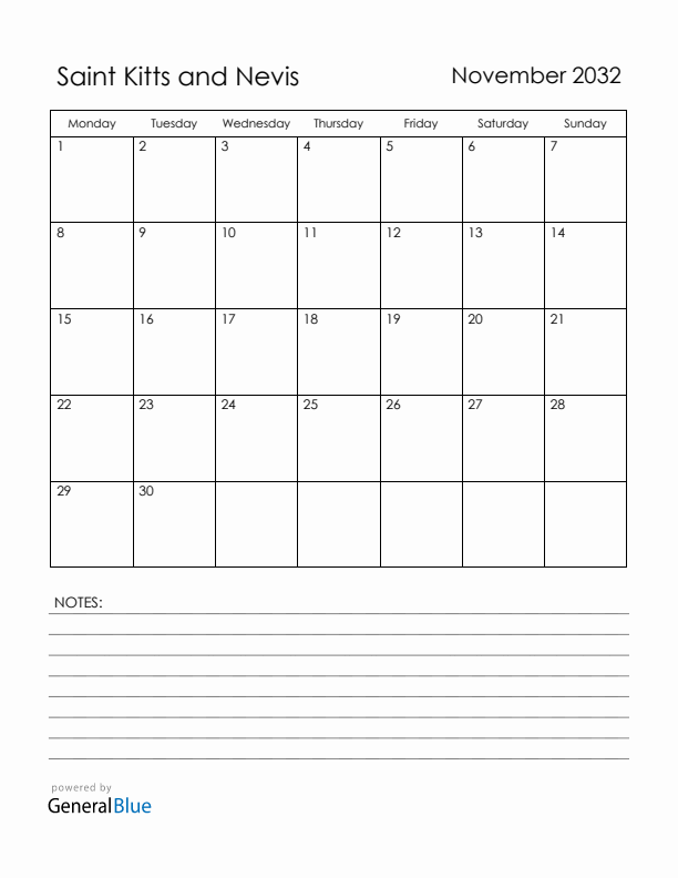 November 2032 Saint Kitts and Nevis Calendar with Holidays (Monday Start)