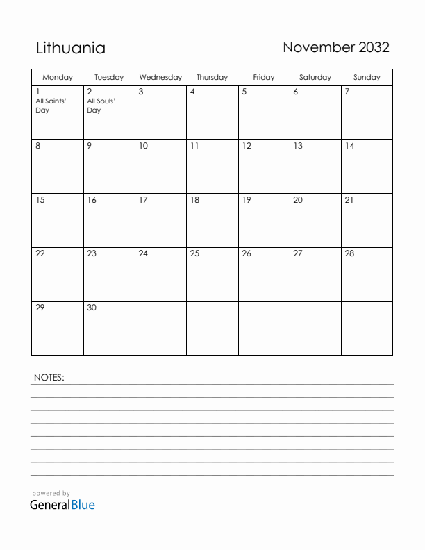 November 2032 Lithuania Calendar with Holidays (Monday Start)