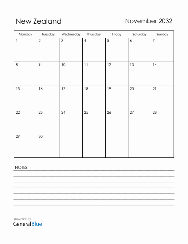 November 2032 New Zealand Calendar with Holidays (Monday Start)