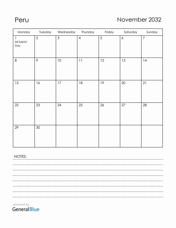 November 2032 Peru Calendar with Holidays (Monday Start)