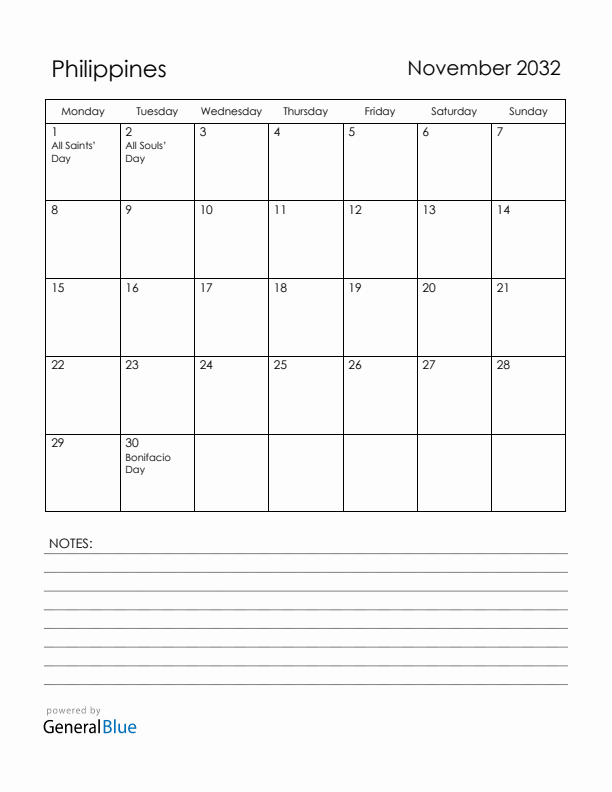 November 2032 Philippines Calendar with Holidays (Monday Start)
