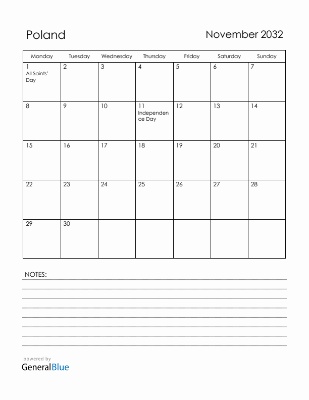 November 2032 Poland Calendar with Holidays (Monday Start)