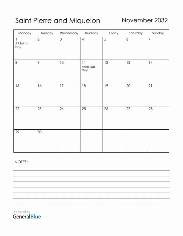 November 2032 Saint Pierre and Miquelon Calendar with Holidays (Monday Start)