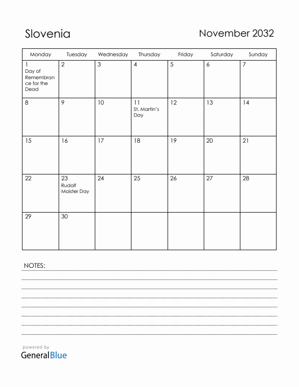 November 2032 Slovenia Calendar with Holidays (Monday Start)