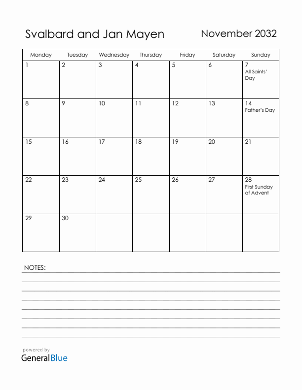 November 2032 Svalbard and Jan Mayen Calendar with Holidays (Monday Start)