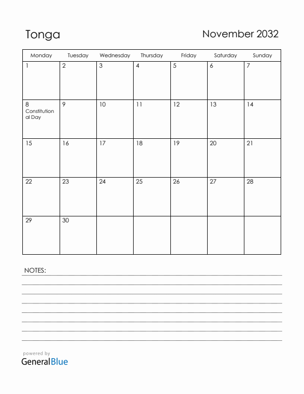 November 2032 Tonga Calendar with Holidays (Monday Start)