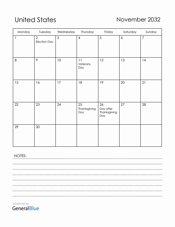 November 2032 United States Calendar with Holidays (Monday Start)