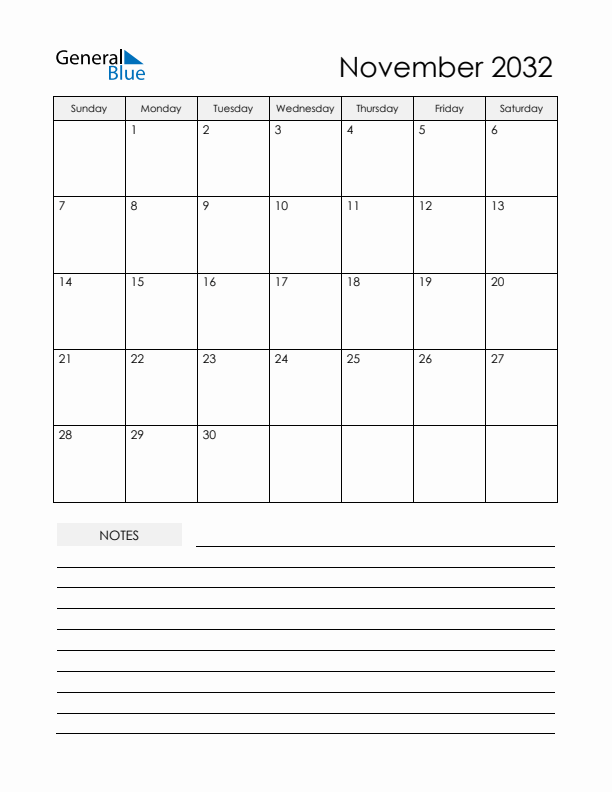 Printable Calendar with Notes - November 2032 