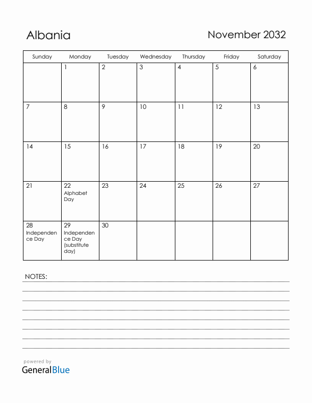November 2032 Albania Calendar with Holidays (Sunday Start)