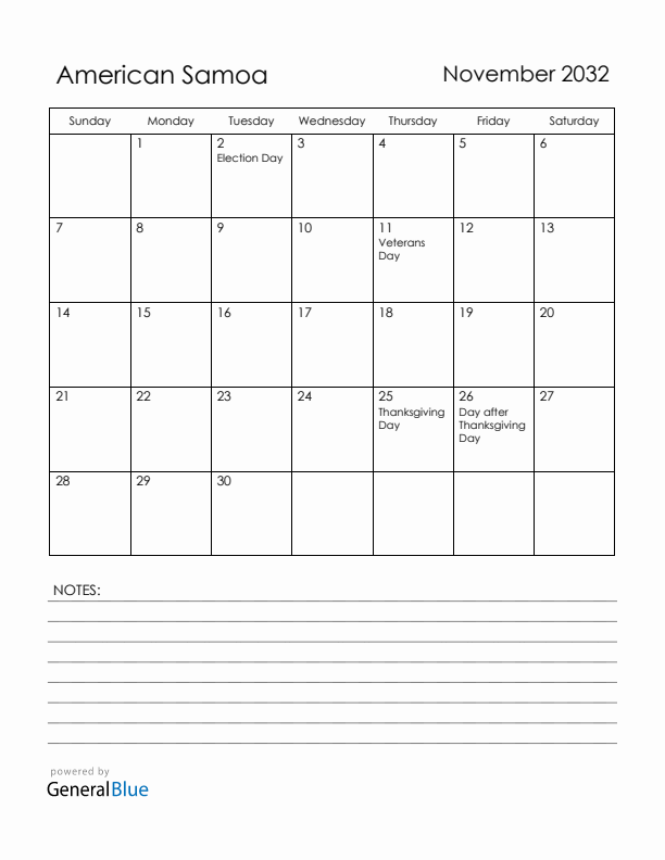 November 2032 American Samoa Calendar with Holidays (Sunday Start)