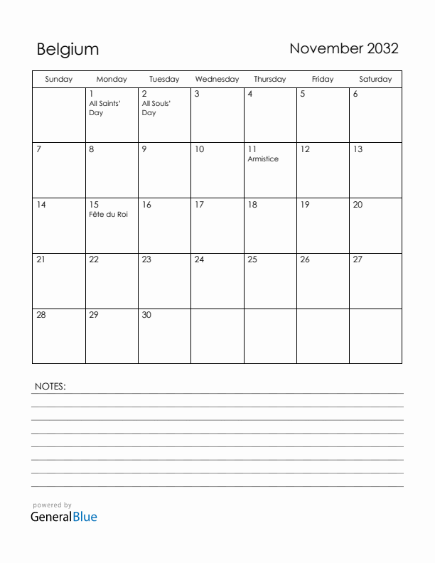 November 2032 Belgium Calendar with Holidays (Sunday Start)