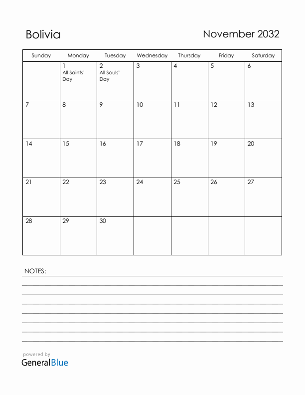 November 2032 Bolivia Calendar with Holidays (Sunday Start)