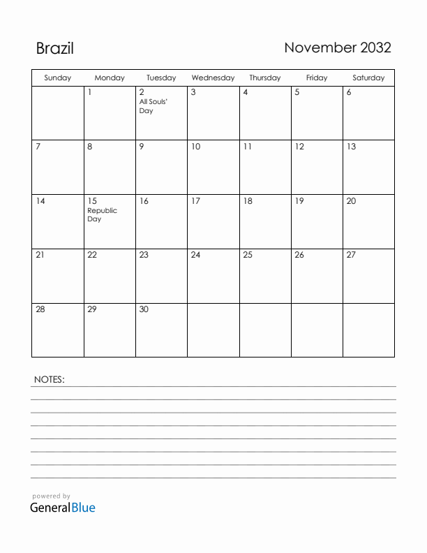 November 2032 Brazil Calendar with Holidays (Sunday Start)