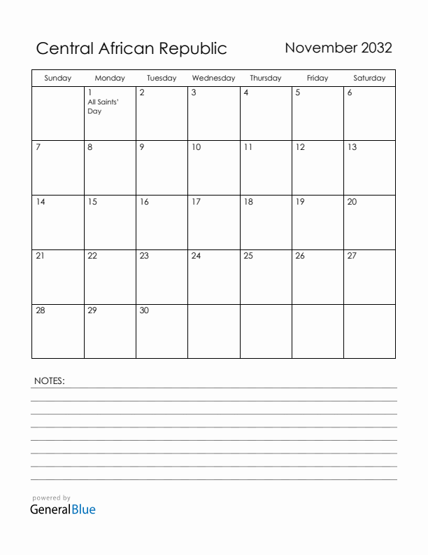 November 2032 Central African Republic Calendar with Holidays (Sunday Start)