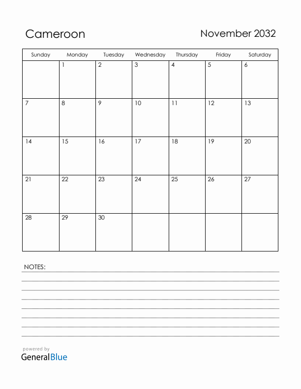 November 2032 Cameroon Calendar with Holidays (Sunday Start)