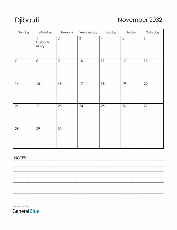 November 2032 Djibouti Calendar with Holidays (Sunday Start)