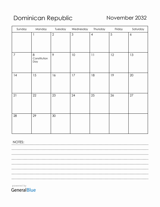 November 2032 Dominican Republic Calendar with Holidays (Sunday Start)