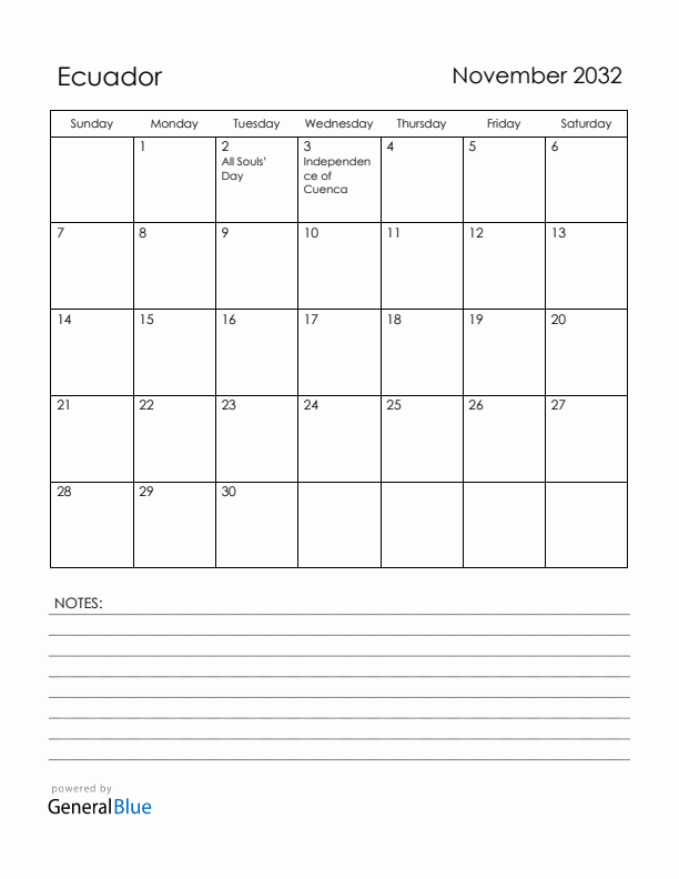 November 2032 Ecuador Calendar with Holidays (Sunday Start)